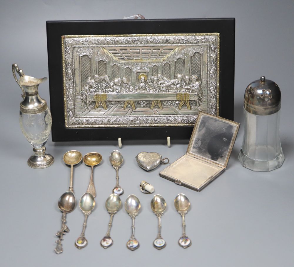 A silver compact, silver heart vesta, Russian silver-mounted Last Supper plaque, spoons and sundries